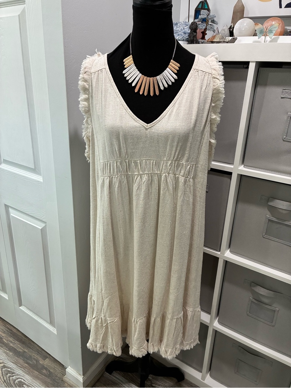 Umgee Cream Sleeveless V-Neck Midi Dress with Frayed Ruffle Details